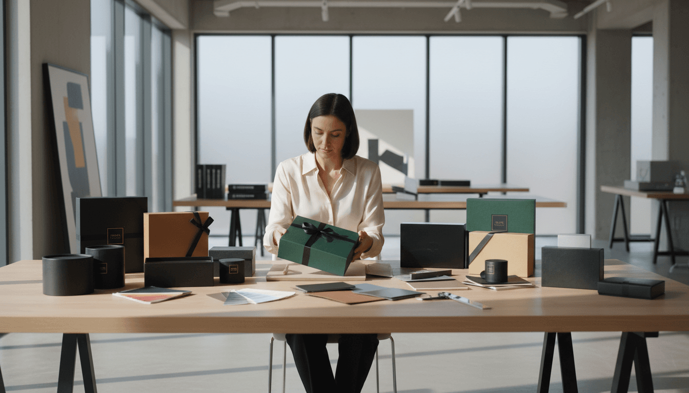 Custom packaging samples and eco-friendly materials on a professional workspace