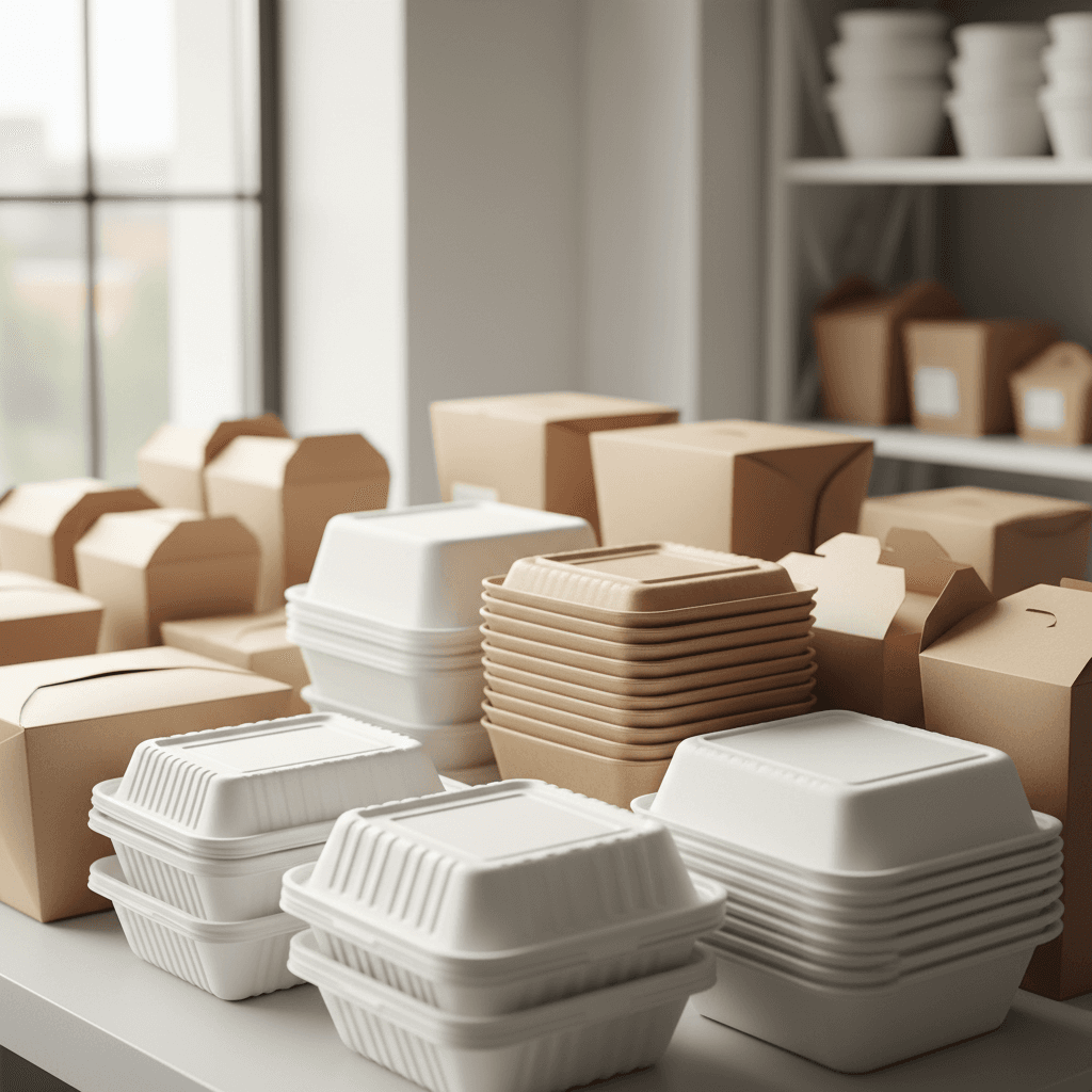 Stacked food service packaging including clear containers, kraft boxes, and disposable lunch boxes organized in neat rows with soft natural lighting