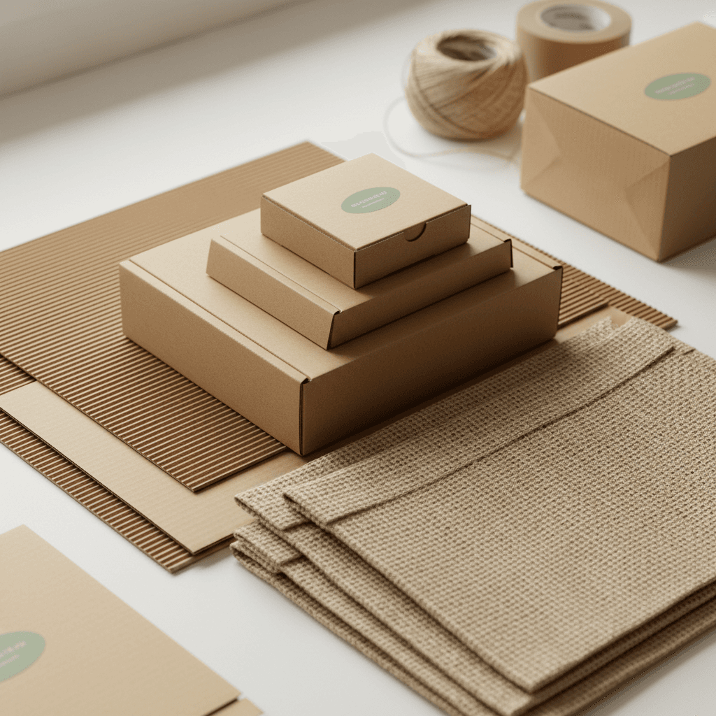 Custom packaging boxes stacked showing professional branding and eco-friendly design for retail products